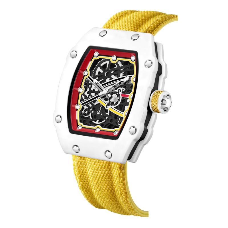 Men's Carbon Fiber Skeleton Tonneau Watch, Red Nylon Strap, Sporty Quartz Wristwatch