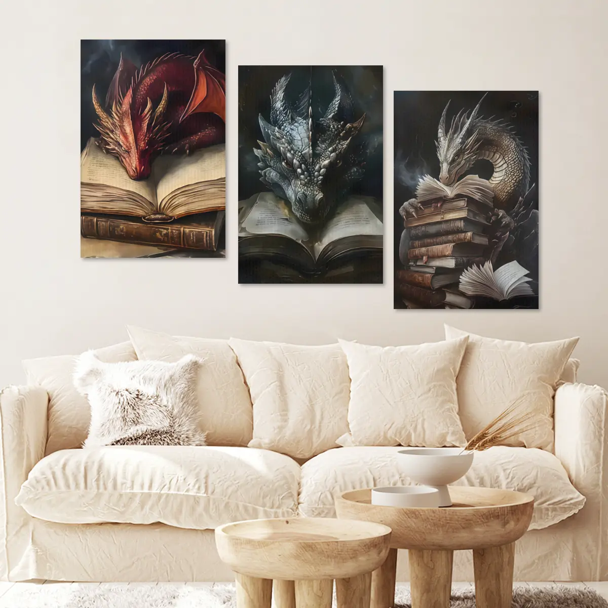 3pcs Elegant Wood-Framed Canvas Prints - Mythical Dragon Reading Theme, Vivid Colors Home Wall Art, Gift for Fantasy Fans, Indoor Room Decoration