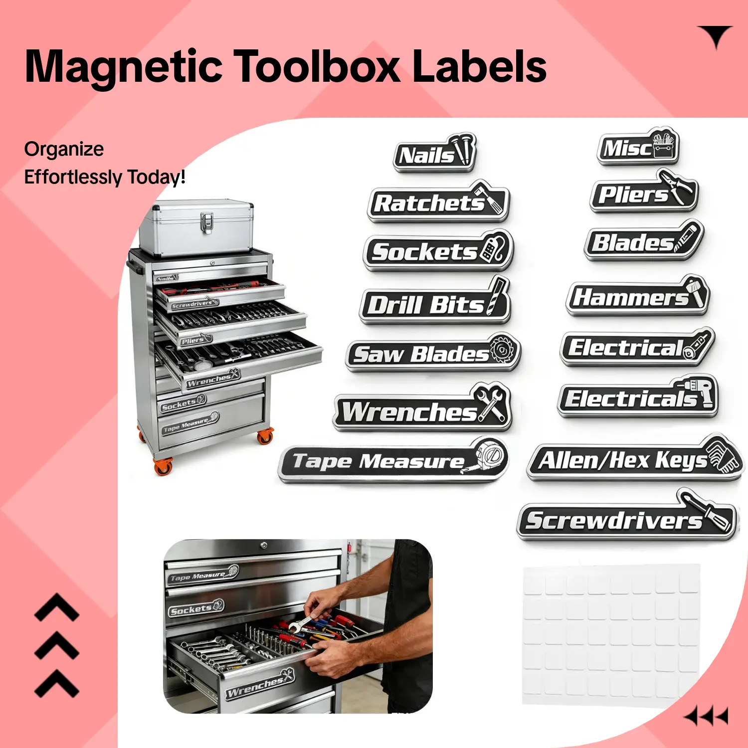 15-Piece Patterned 3D Printed Magnetic Toolbox Labels, DIY Efficient Organize Accessories for Steel Toolboxes, Carts, Drawers, Enhance Storage for Home Enthusiasts, Reusable Home Supplies Refrigerator Magnets