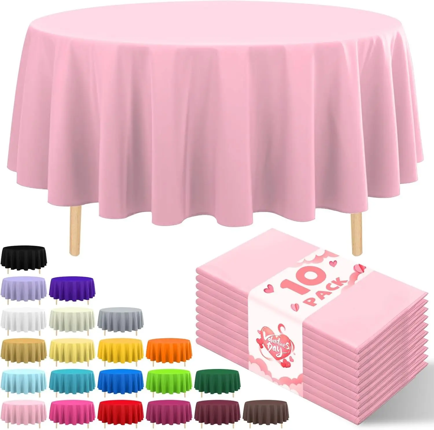 10 Pack Premium Disposable Plastic Tablecloth 84" Round Table Cover for Birthdays Weddings Christmas Anniversary Buffet Table (Pink)
