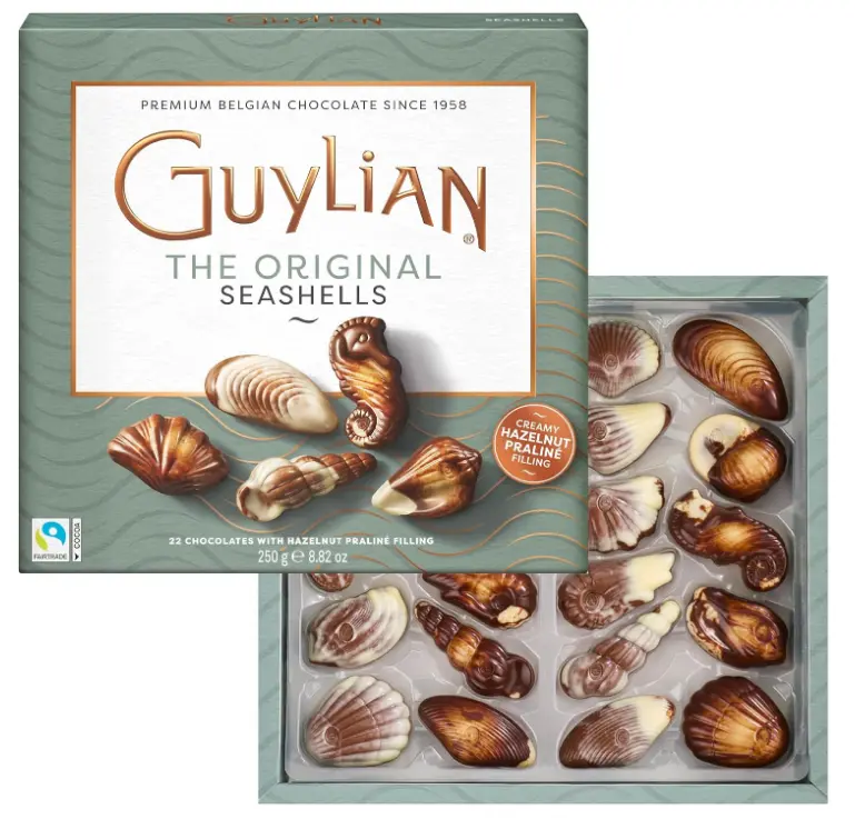 Belgian Chocolate Seashells, 8.82 oz, 22 pc Gourmet Hazelnut Praliné Truffles by GuyLian, Assorted White & Milk Chocolate Candy Gift Box for Women and Men