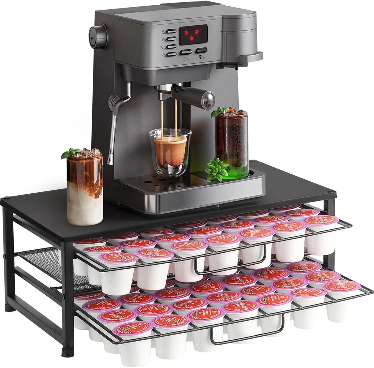 2-Tier K-Cup Holder Organizer – Coffee Pod Storage with 2 Sliding Drawers, 70-Pod Capacity, Frosted Black Coffee Station Rack for Home & Office ECOLOVI
