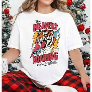 The Heavens Are Roaring Psalm 19:1 Tiger Graphic T-Shirt for Men Women, Christian Faith Oversized 100% Cotton Casual Short Sleeve Religious Tops