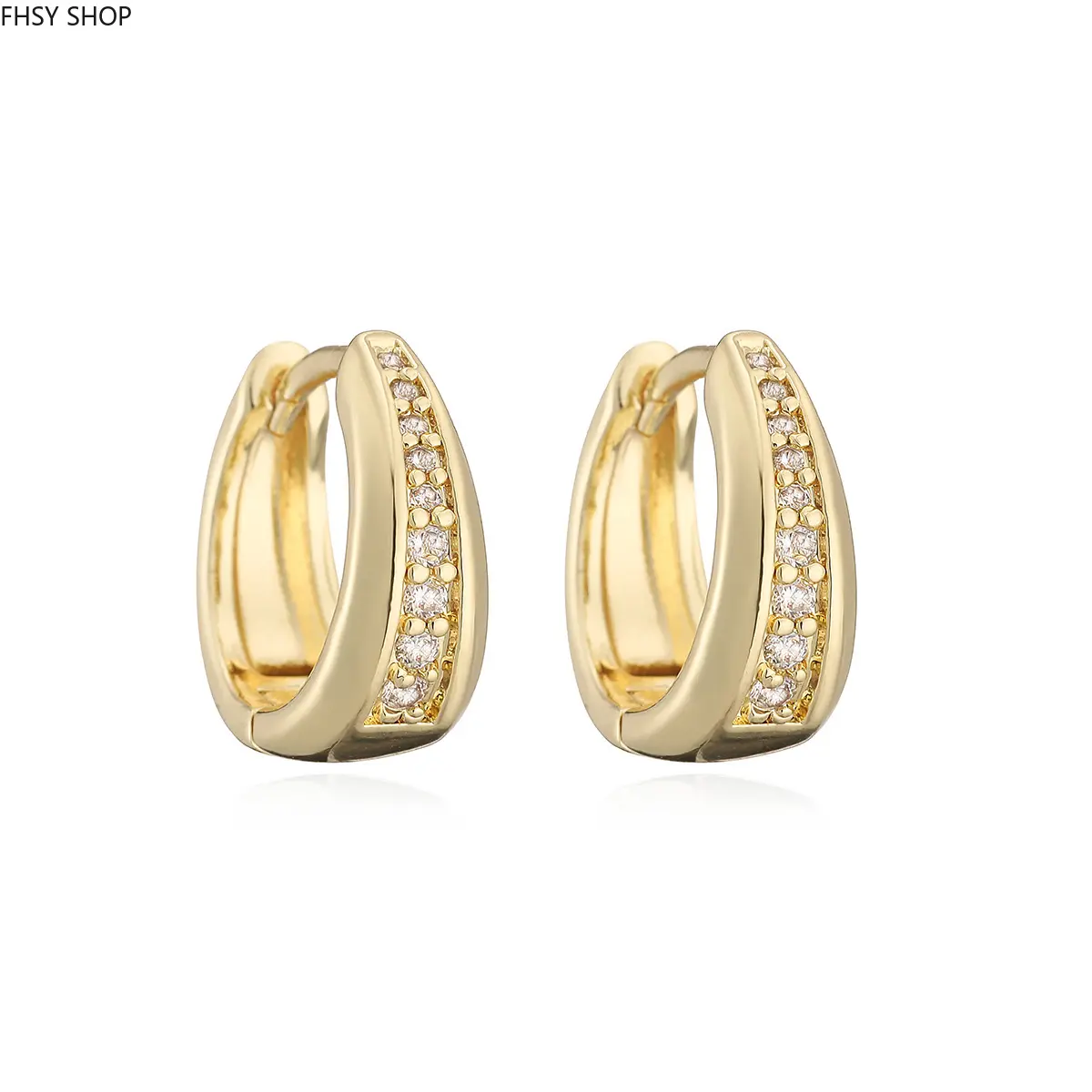 FHSY SHOP 14K Gold Plated Paved CZ Hoop Earrings Double Layer Huggie Hoops with Clear Zircon for Women, Everyday Wear & Office Style