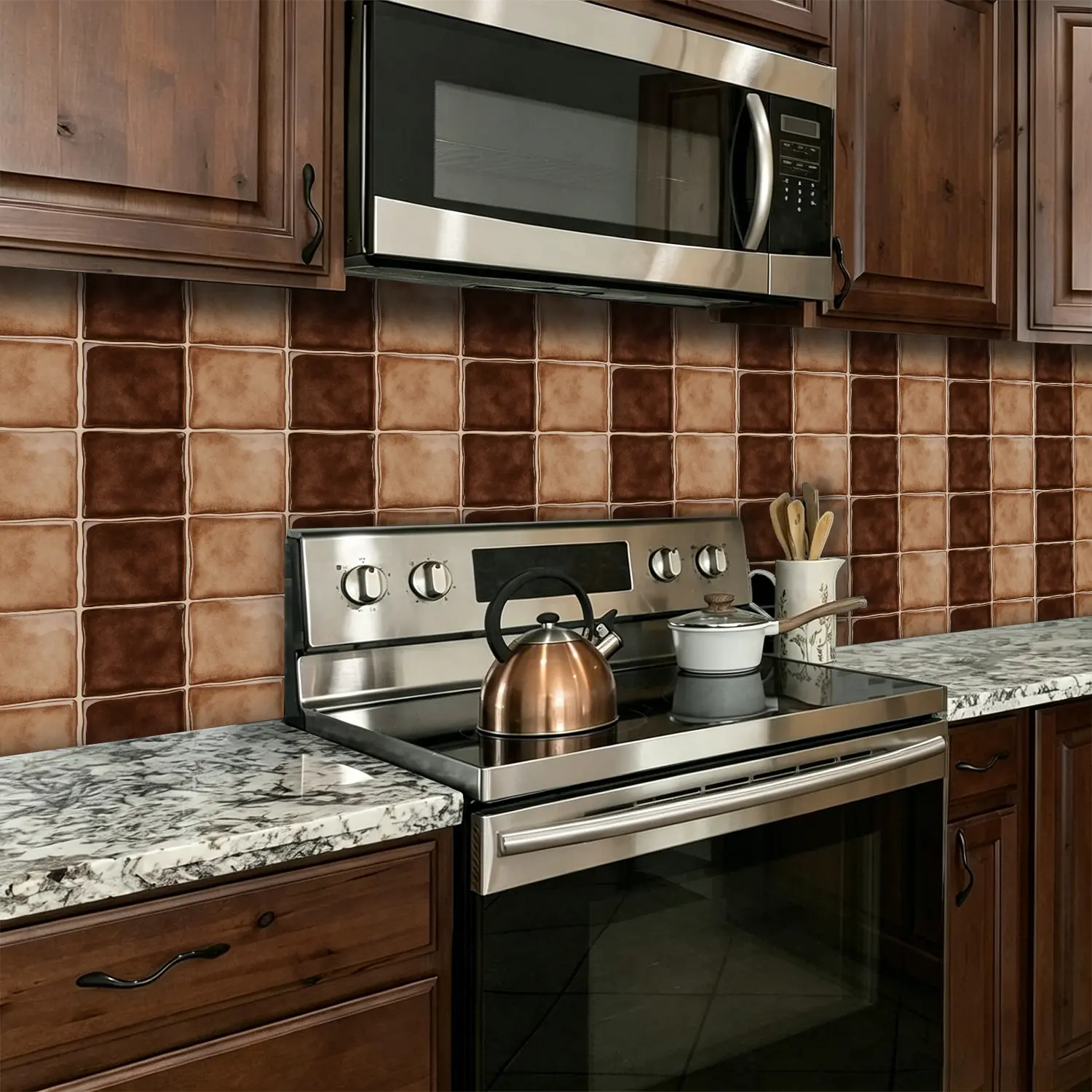 7.87in x 7.87in Dark Brown and Beige Decorative Faux Ceramic Square Wall Panel Set, Peel-and-Stick Self-Adhesive Easy-Remove Textured Indoor Tiles, for Kitchen Backsplash, Living Room Home Improvement DIY
