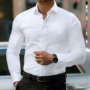 Men’s slim-fit long-sleeve shirt; casual dress shirt with button front for semi-formal and business-casual occasions; men’s formal lining; solid color pointed-collar long-sleeve shirt with button front; Father’s Day gift menswear