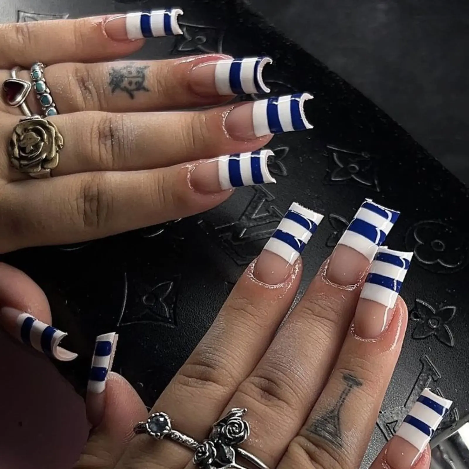 Y2K Blue Stripe Press On Nails | Retro Graphic French Tip Nails | | Trendy Handmade Press Ons