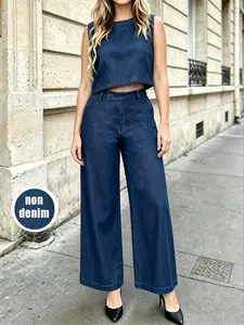 Women's Sleeveless Round Neck Tank Top and Wide Leg Pants Set, Summer Casual Style Comfortable Daily Wear, Perfect Choice for Spring and Summer Womenswear