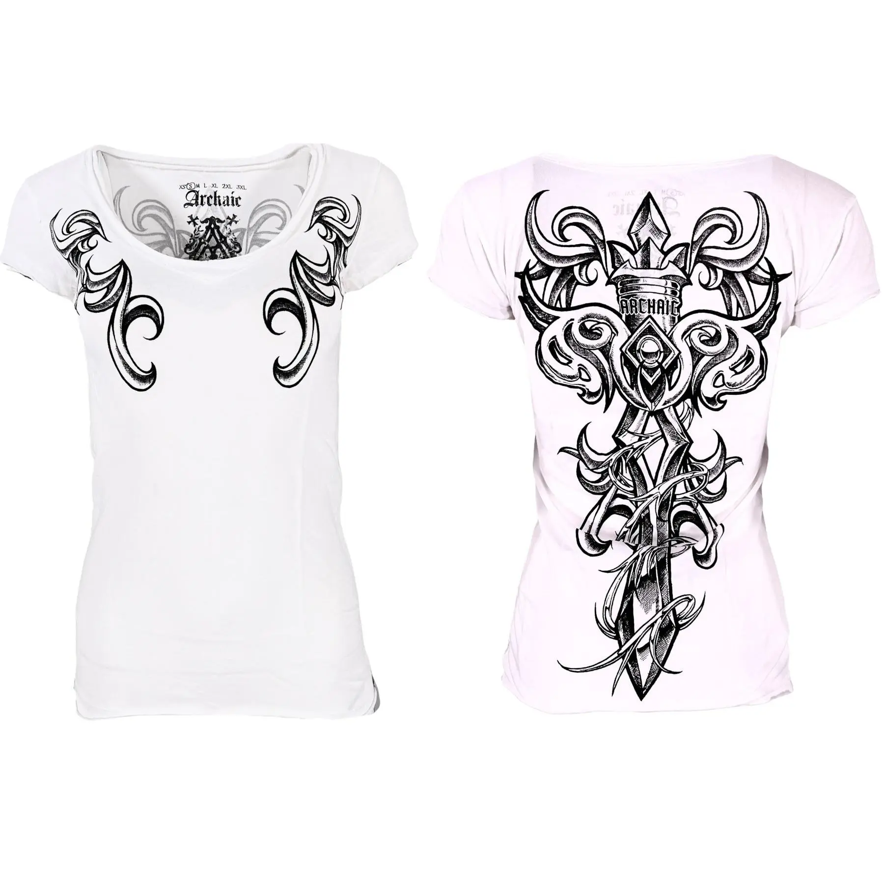 Archaic by Affliction Women's Short-Sleeve T-Shirt - Skull and Sword Graphic Killer Widow Top, Skull And Sword Graphic Women's T-Shirts, Shortsleeve, Streetwear, Casual, Tshirt, Graphic Print