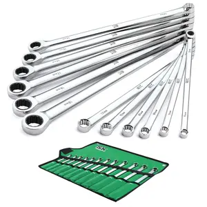 SK Extra Long Ratcheting Wrench Set, Double Box End Wrench Set, 12-Pack, Metric, 8 mm to 19 mm, 72-Tooth, Premium CR-V Construction, with Rolling Pouch