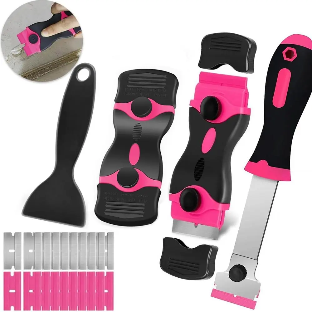 Pink Home Blade Scraper Tool, Tough Scraper, Cleaning Razor Scraper for Glass, Glass Top Stove Scraper for Oven Door, Razor Scraper Gift for Women, 2-in-1 Scraper Tool Set with 20Pcs Home Blades for Removing Adhesive Window Labels