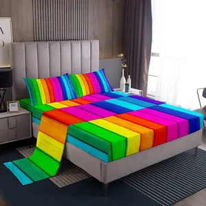 Raibow Stripes Bed Sheets Set,Colorful Stripes Sheet Set,Multicolor Wooden Texture Sheets with Deep Pocket Fitted Sheet,Geometric Bedding Set, Breathable Durable Sheets, Microfiber Bed Sheets