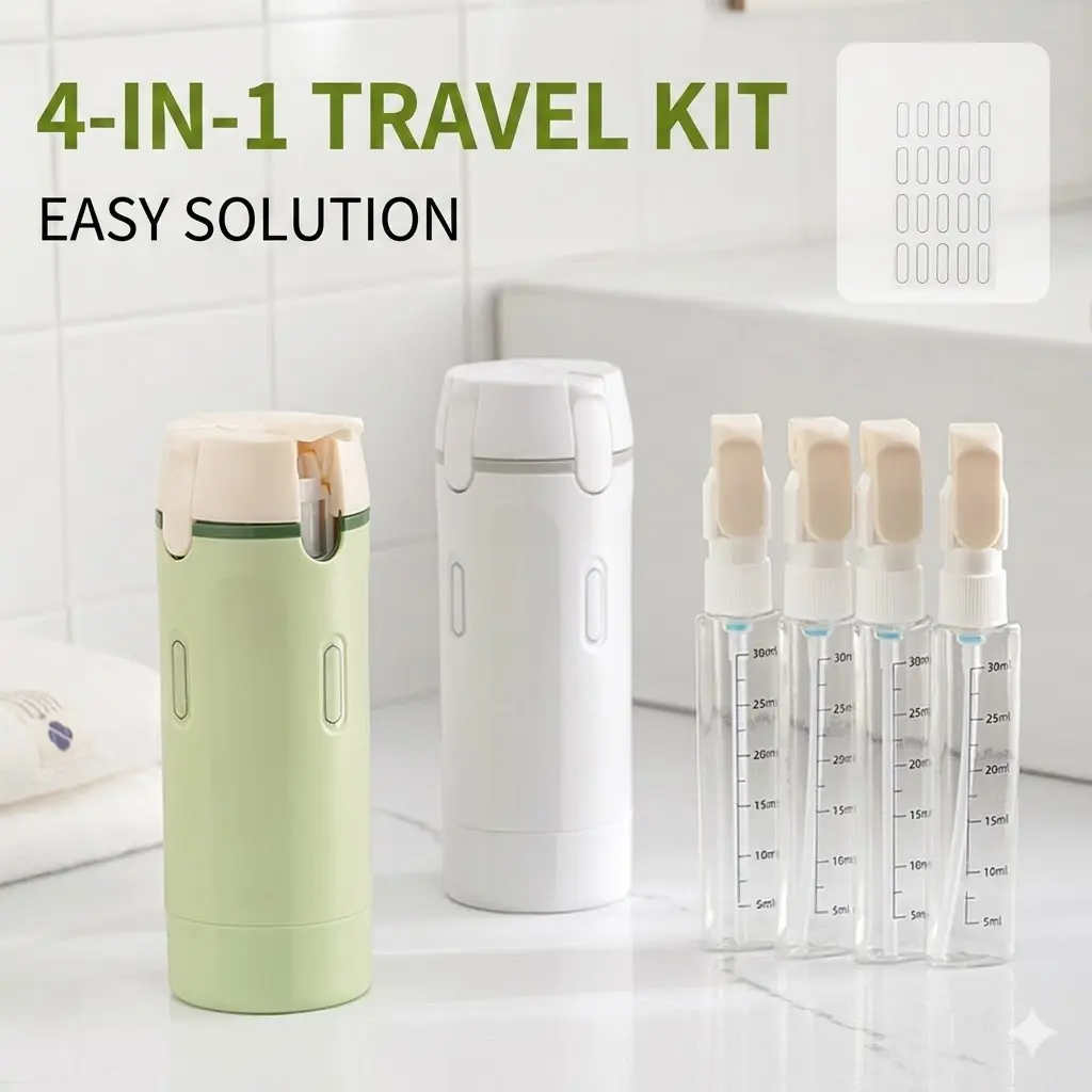 4-in-1 Travel Bottle Kit, with scale marked 30ml clear refillable pump bottles, portable for holding various skincare liquids during outings and trips