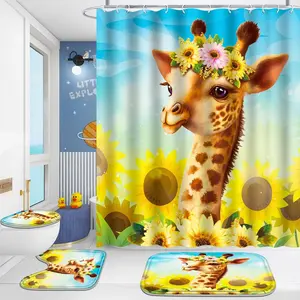 Giraffe Sunflower Pattern Bathroom Decorations, 4 Counts/set Shower Curtain, Toilet U-shape Pad, Bath Mat and Toilet Lid Cover, Bathroom Accessories