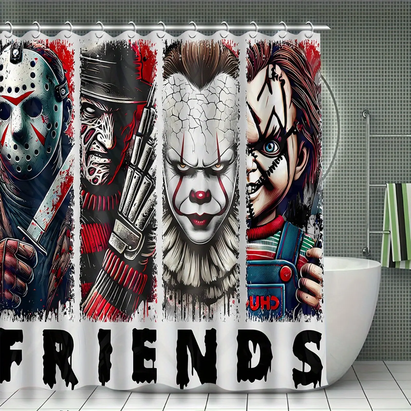 Horror Movie Characters Striped Rectangular Shower Curtain - Stainless Steel Grommets, Water Resistant, Hanging Hook Compatible, Easy Installation, Fine Stitching, Multiple Sizes, Halloween Bathroom Decor, Horror Fan Thoughtful Gift Idea, Machine Washable