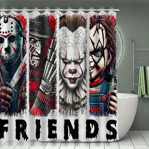 Horror Movie Characters Friends Shower Curtain - Bath Curtain with Striped Pattern Grommets, Halloween Theme Bathroom Decor Featuring Iconic Characters Horror Fan Gift