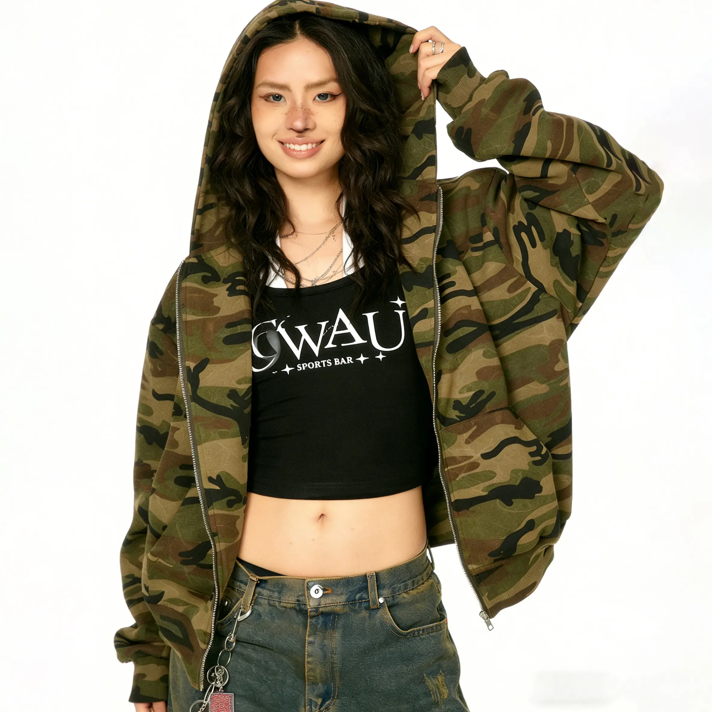 Inflation Men's Camouflage Print Oversized Hoodie Sweatshirt - Unisex Fashion Street Style Loose Short-Cropped Boxy High-Rise Pullover, Versatile Casual Essential Top