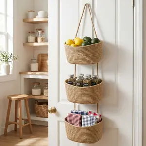 Hanging Over the Door Organizer, 3-Tier Woven cotton Jute Basket, Wall-Mounted Storage Bag, Decorative Nursery Baskets target baskets black box covered wax room caddy ideal storage shelf storage basket small woven basket small storage basket tiktoksh