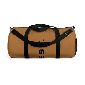 Minimalist Brown Duffel Bag – Travel Gym Weekend Carryall with Bold Vertical Text