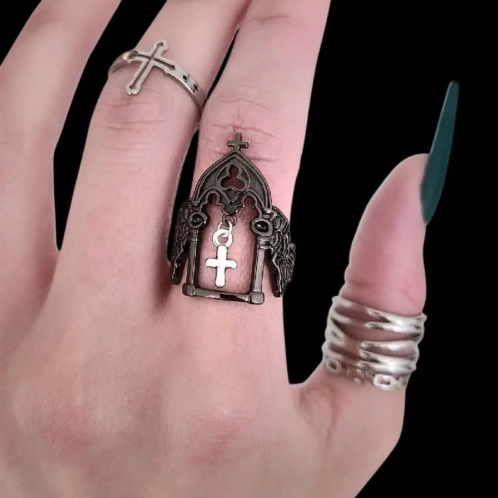 Black Silver Cross Charm Cathedral Ring .