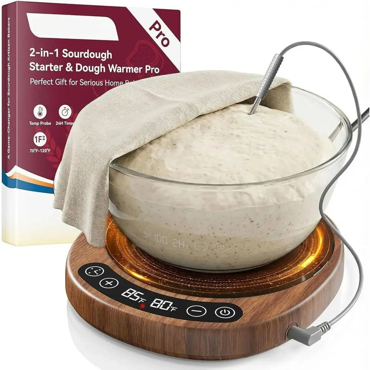 SourKeeper 2-in-1 Larger Sourdough Starter Warmer Pro (2026 Upgrade) - 6.5-in Base, Walnut Finish, Larger Heating Plate, Dough Temp Probe, 1°F Control (70-110°F), 24-Hour Timer Function, LED Display, Auto-Warming On/Off Switch, Real-Time Monitoring