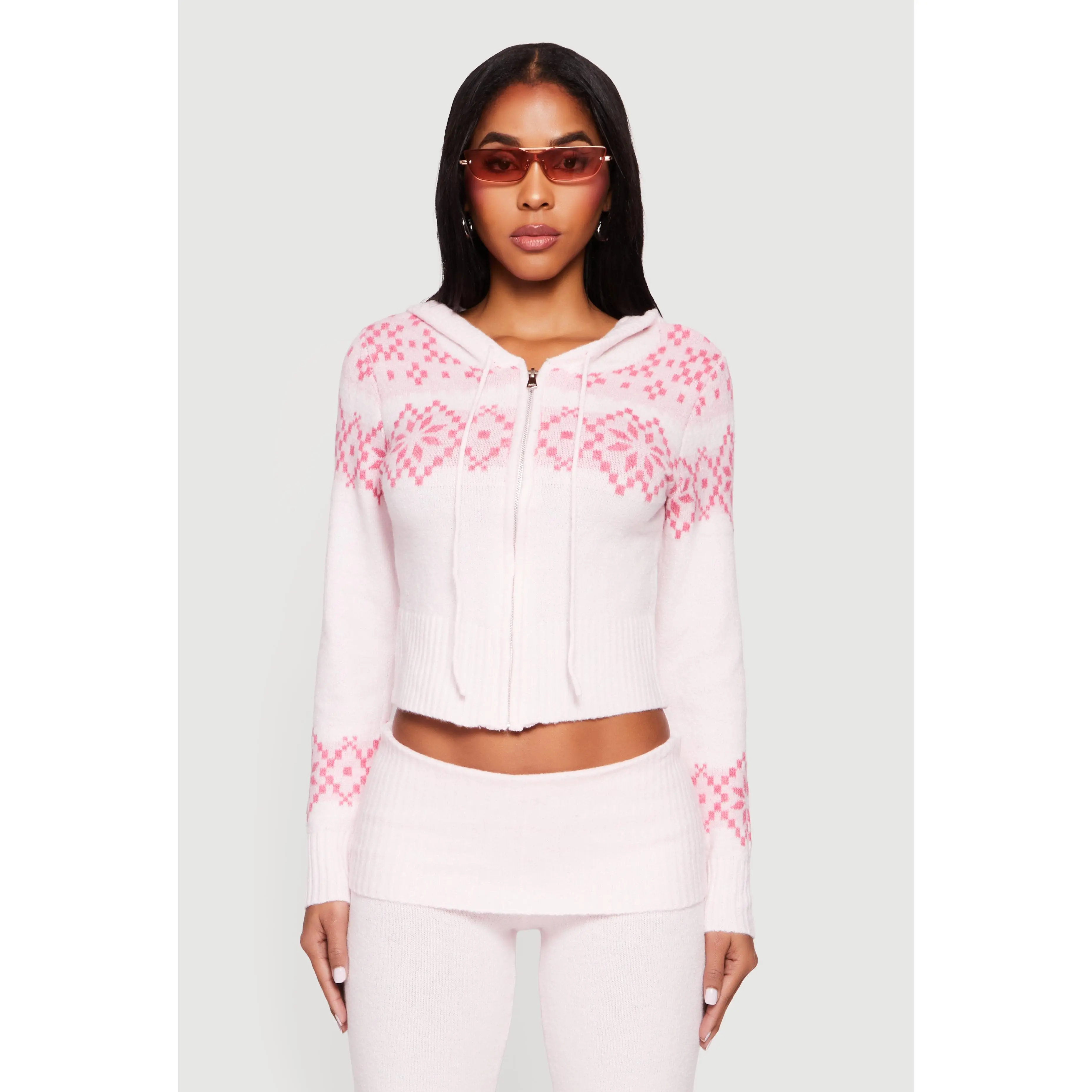 Almost Famous Fair Isle Zip Front Cropped Hooded Sweater
