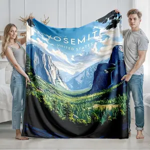 1 piece Yosemite National Park's natural scenery. themed flannel blanket - Microfiber comfortable flannel sofa blanket, suitable for beds and sofas, all-season use, modern design, digitally printed pattern, 100% polyester material, machine