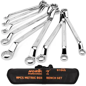 HORUSDY 9-Pece Metric Offset Box Wrench Set with Rolling Pouch, 75-Degree, Metric 6-24mm, CR-V Steel torx key universal hand combination wrench tool box Metric Socket tool gift mechanic tool roll-up pouch