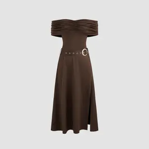 Cider [size 0-10] Off-shoulder Solid Ruched Split Maxi Dress With Belt