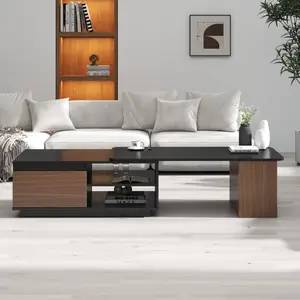 Expandable Wooden Coffee Table with 2 Storage Drawers, 15mm Particle Board Melamine Finish Adjustable Width Living Room Center Table Easy Maintenance