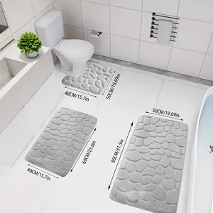 3pcs Set Embossed Quick-Dry Bath Mats, Non-Slip Soft Comfort Memory Foam Bathroom Rugs, Machine Made Polyester, Water Washable, 1.2 Inch Thick, 500gsm, for Tub, Shower, Kitchen