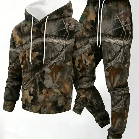 men's full body leaf print long sleeved hooded sweatshirt+pants set, casual pairing with thick and warm suit, suitable for winter and autumn Jumpsuit Fall Outfit Sports Casual Jumpsuit