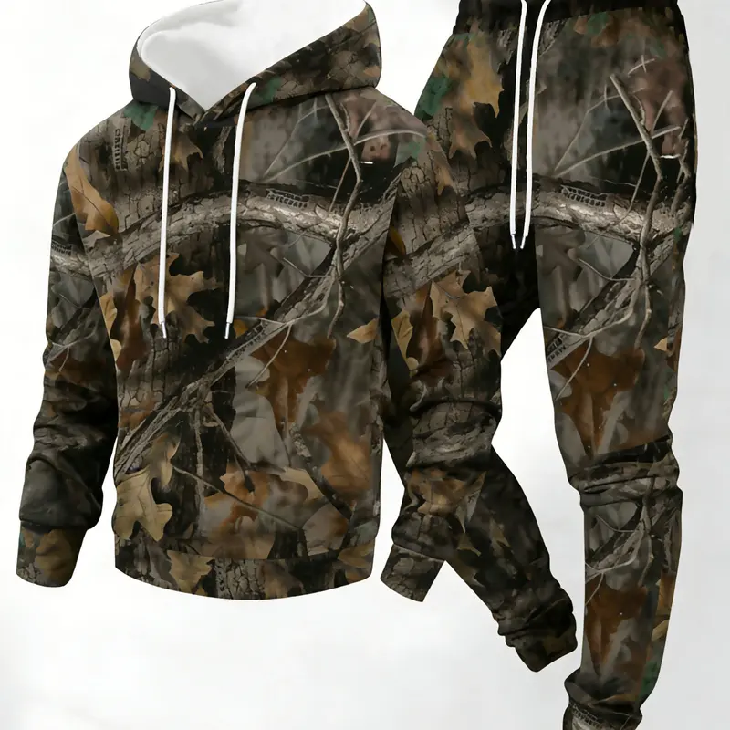 men's full body leaf print long sleeved hooded sweatshirt+pants set, casual pairing with thick and warm suit, suitable for winter and autumn Jumpsuit Fall Outfit Sports Casual Jumpsuit