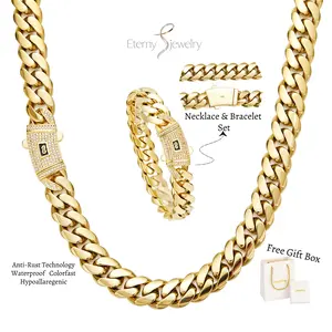 [New Set] 14K Gold-Plated Cuban Necklace & Bracelet New Anti-Rust Technology Timeless Shine Comfortable to Wear and Non-Allergic Waterproof Sweatproof 6-14mm Sizes The best gift for men and women Perfect Gift men's jewelry