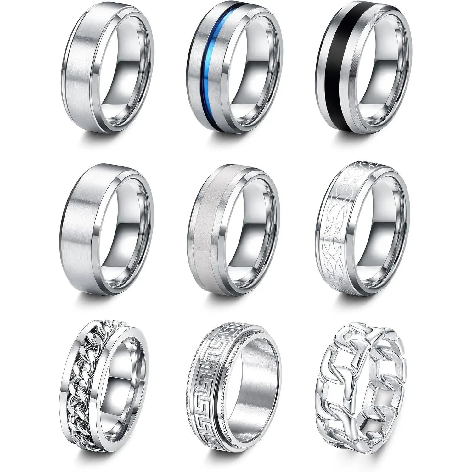 YADOCA 9 Pcs Silver Men Rings Stainless Steel Matte Finish Polished Band Rings Chain Rings Bottle Opener Rings Wedding Band Engagement Promise Thumb Rings Vintage Fidget Ring