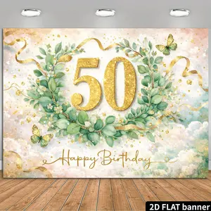 2D Flat Banner Polyester Photography Backdrop, HD Digitally Printed Background Cloth with Golden Glitter "50 Happy Birthday" Design, botanical Leaves, White Flowers, Butterflies, and Gold Ribbons for 50th Birthday Party Decoration
