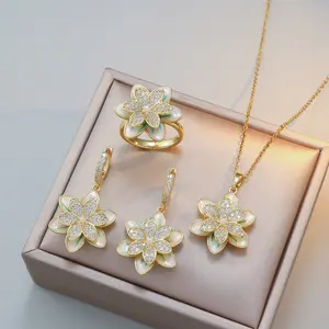 4PCS Jewelry Set Necklace for Women Plum Blossom Jewelry Rotating Necklace Earrings Ring Set Accessories Gift for Friends