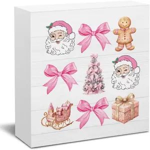 Pink Christmas Sign Decorations for Home Office Desk Christmas Decor for Table Santa Claus Gift Box Xmas Tree Decor 5 X 5 Inch