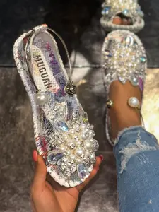 Summer New Rhinestone Pearl Sandals for Women, Strap Low Top Flat Shoes, Fairy Style Versatile Soft Sole, Sweet Style
