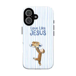 Curious George IPhone Case, Cartoon Monkey Phone Cover with Love Like Jesus Bible Verse and Pancake Design Phone Case Suitable for IPhone 17, 16, 15, 14, 13, 12, 11 Pro Max, X, XR, XS Max, 8, and 7 Plus