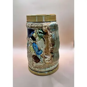 Vintage German-Style Ceramic Beer Stein – Colorful Tavern Scene – Embossed Relie