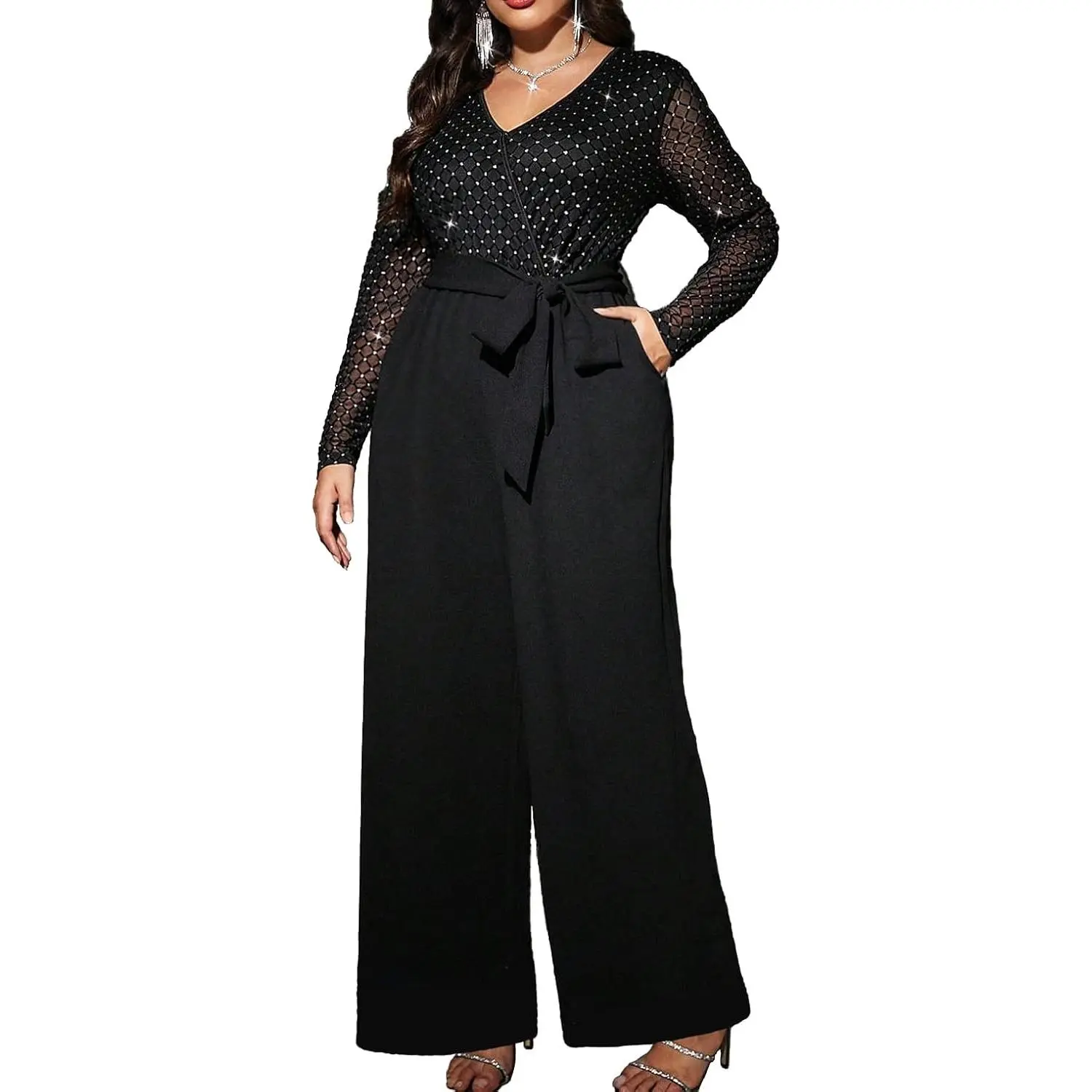 RED DOT BOUTIQUE 710 - Plus Size Long Sleeves Sequin Top Solid Wide Legs Long Jumpsuit With Pockets