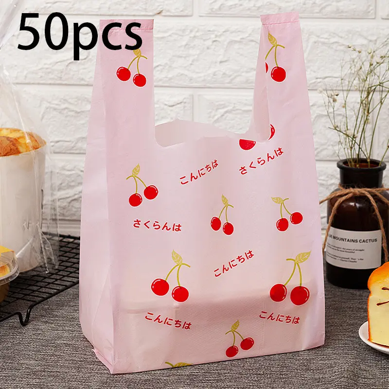 Cherry Pattern Gift Bags Set, Small Plastic Vest Bags, Durable & Lightweight Shopping Handbags, Goody Bags for Weddings, Birthdays, Parties, Party Favors, Party Favor Packs