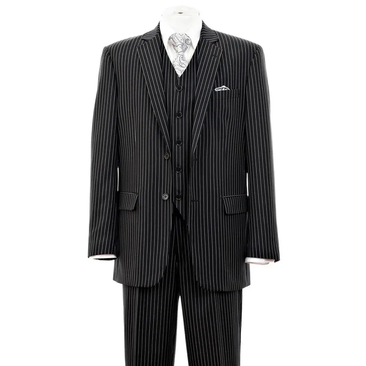 Mens 2 Button Vested Bold Pinstripe Gangster Suit in Black