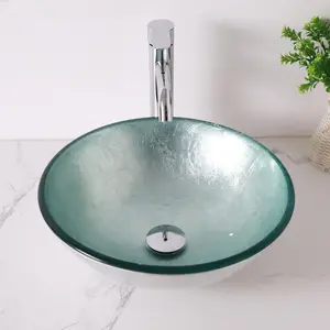 Lordear 14 x 14 Inch Artistic Vessel Sink Bathroom Vessel Sink Round Clear Tempered Glass Vanity Round Bowl with Pop-up Drain Combo Countertop Basin