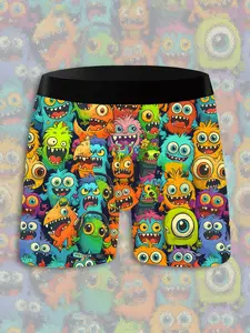 Men's New Monster Print Briefs, Soft Quick-Dry Breathable Elastic Fabric, Fun Cartoon Design, Perfect for Sports Home Cycling, Breathable Boxer Briefs