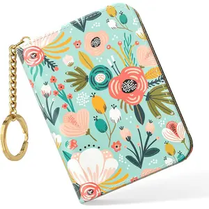 BYB5 Credit Card Holder, Small RFID Card Wallet for Women, Slim Leather Card Holder Wallet, Credit Card Wallet Organizer, Pocket Business Card Case with Zipper & Keychain, Tropical Leaf
