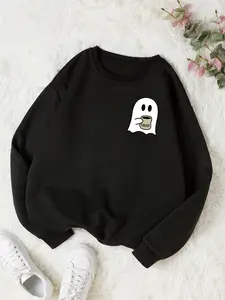 Women's Cute Ghost Coffee Print Crew Neck Round Neck Long Sleeve Sweatshirt, High-Quality Casual Loose Fit Top for Spring & Fall, Halloween