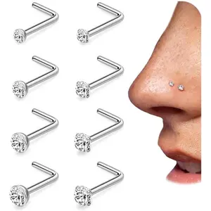 8PCS Titanium Nose Rings Studs 20G/18G Corkscrew Nose Ring L Shaped Nose Studs 6A Diamond CZ Silver&Gold Hypoallergenic Nose Piercing Jewelry for Women Men 1.5mm 2mm 2.5mm 3mm