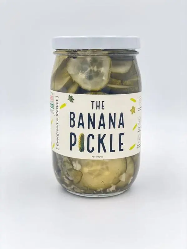 Evergreen and Market Banana Pickle - UGA Flavor of Georgia Winner, Instant Pickled Snack with Sugar, Garlic, Salt - 16 oz Jar